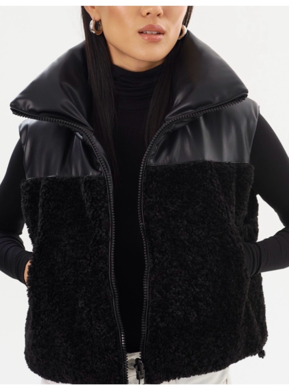 Lamarque Melicia Black Sherpa and Faux Leather Puffer Vest